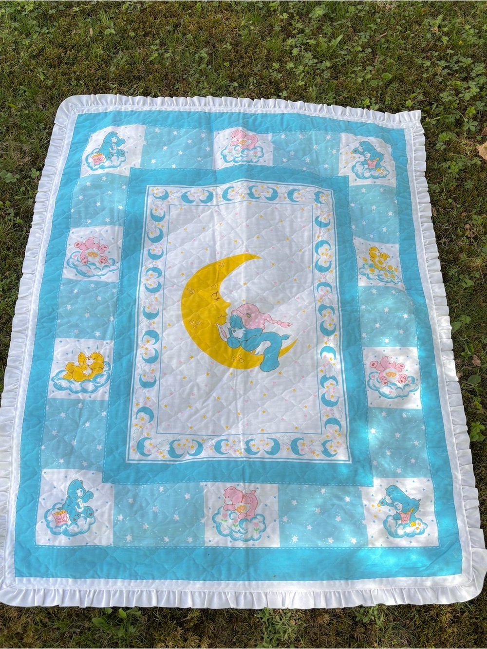 VTG 80s Care Bear Baby Quilted Blanket - Blue Moon & Cloud Design